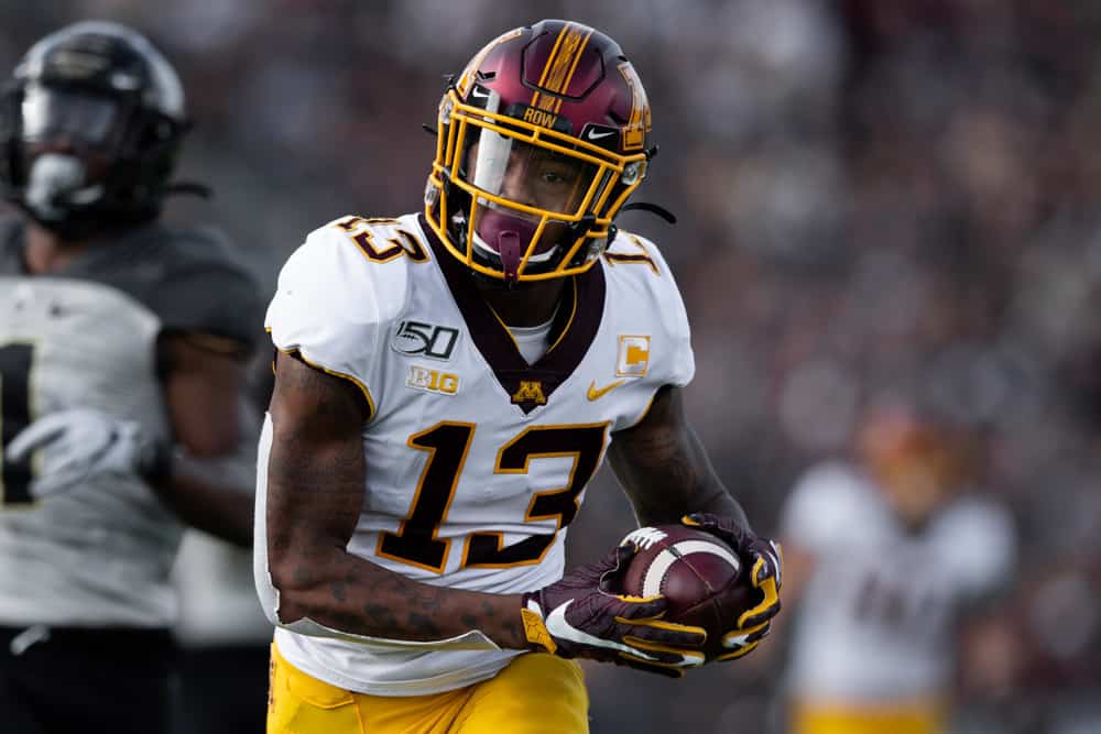 Minnesota Golden Gophers wide receiver Rashod Bateman (13) catches a touchdown pass during the college football game between the Purdue Boilermakers and Minnesota Golden Gophers on September 28, 2019, at Ross-Ade Stadium in West Lafayette, IN. 