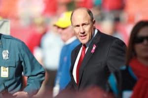 Kansas City Chiefs general manager Scott Pioli walks on the field before a game between the Carolina Panthers and the Kansas City Chiefs at Arrowhead Stadium in Kansas City, Missouri.