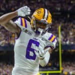 LSU Tigers wide receiver Terrace Marshall Jr. (6) catches a pass for a touchdown during the CFP National Championship game between the Clemson Tigers and the LSU Tigers on January 13, 2020, at the Mercedes Benz Superdome in New Orleans, Louisiana.
