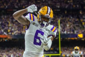 LSU Tigers wide receiver Terrace Marshall Jr. (6) catches a pass for a touchdown during the CFP National Championship game between the Clemson Tigers and the LSU Tigers on January 13, 2020, at the Mercedes Benz Superdome in New Orleans, Louisiana.