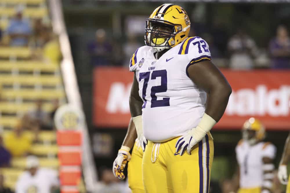 LSU Tigers nose tackle Tyler Shelvin (72) during the LSU Tigers 31-0 win over the Southeastern Louisiana Lions on September 08, 2018, at Tiger Stadium in Baton Rouge, Louisiana.