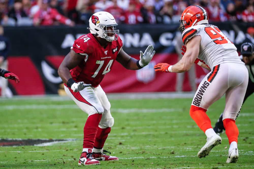 Arizona Cardinals offensive tackle D.J. Humphries (74) blocks Cleveland Browns defensive end Porter Gustin (97) during the NFL football game between the Cleveland Browns and the Arizona Cardinals on December 15, 2019 at State Farm Stadium in Glendale, Arizona.