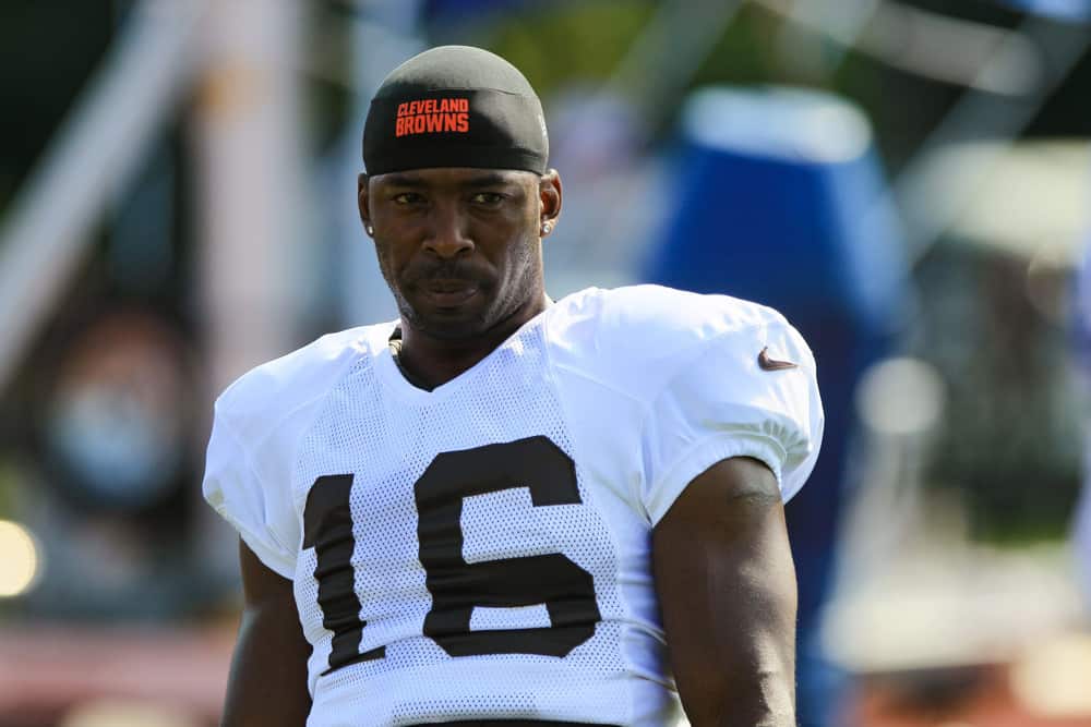 Cleveland Browns wide receiver Andrew Hawkins (16) in action during a joint practice between the Cleveland Browns and the Buffalo Bills at the Buffalo Bills Training Camp at St. John Fisher College in Pittsford, New York.