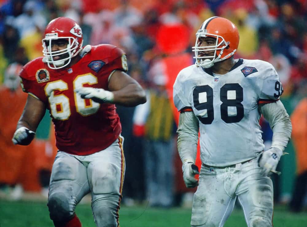 Kansas City Chiefs guard Ricky Siglar (66) and Cleveland Browns defensive end Anthony Pleasant (98) in action during a game played on November 20, 1994 at Arrowhead Stadium in Kansas City, MO.