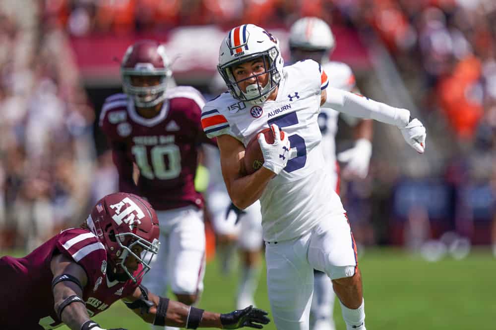 Auburn Tigers wide receiver Anthony Schwartz (5) runs for a touchdown during the game between the Auburn Tigers and the Texas A&M Aggies on September 21, 2019 at Kyle Field in College Station, Texas.