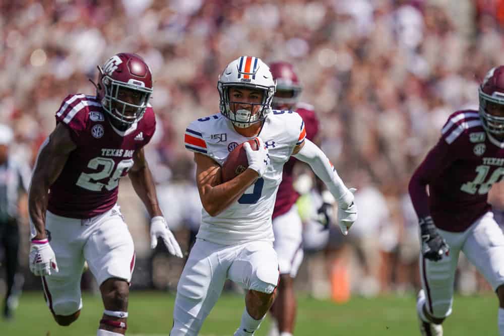 Auburn Tigers wide receiver Anthony Schwartz (5) runs the ball during the game between the Auburn Tigers and the Texas A&M Aggies on September 21, 2019 at Kyle Field in College Station, Texas. 