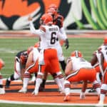 Cleveland Browns quarterback Baker Mayfield (6) calls a play during the game against the Cleveland Browns and the Cincinnati Bengals on October 25, 2020, at Paul Brown Stadium in Cincinnati, OH.