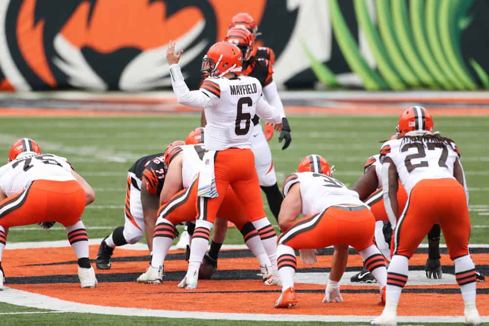 Cleveland Browns quarterback Baker Mayfield (6) calls a play during the game against the Cleveland Browns and the Cincinnati Bengals on October 25, 2020, at Paul Brown Stadium in Cincinnati, OH.