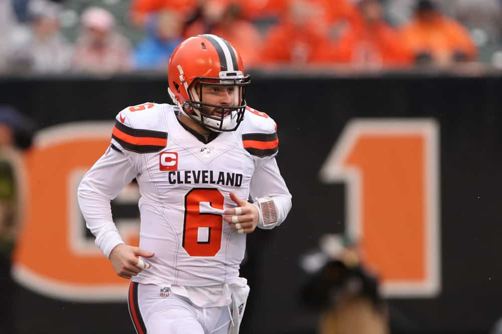 Cleveland Browns quarterback Baker Mayfield (6) reacts during the game against the Cleveland Browns and the Cincinnati Bengals on December 29, 2019, at Paul Brown Stadium in Cincinnati, OH.