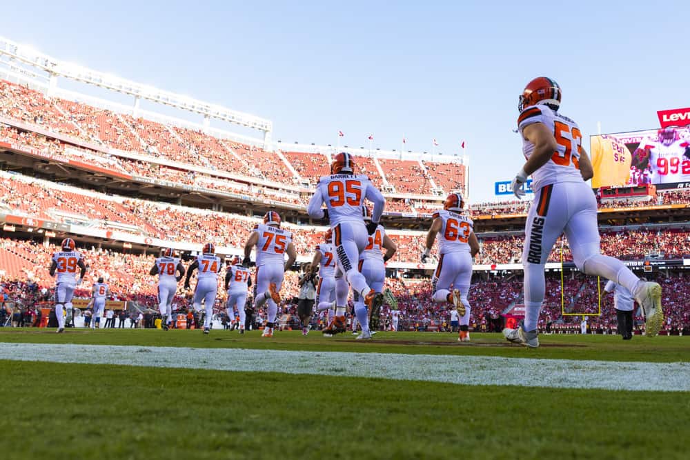 Cleveland Browns players enter the field from the tunnel during the NFL regular season football game against the San Francisco 49ers on Monday, Oct. 7, 2019 at Levi's Stadium in Santa Clara, Calif.