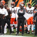 Cleveland Browns head coach Kevin Stefanski watches from the sideline during the game against the Cleveland Browns and the Cincinnati Bengals on October 25, 2020, at Paul Brown Stadium in Cincinnati, OH.