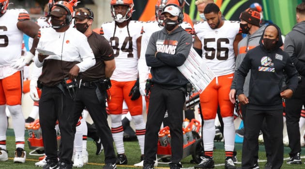 Cleveland Browns head coach Kevin Stefanski watches from the sideline during the game against the Cleveland Browns and the Cincinnati Bengals on October 25, 2020, at Paul Brown Stadium in Cincinnati, OH.