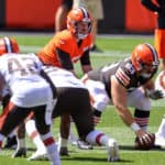 Cleveland Browns quarterback Case Keenum (5) looks over the defense during drills during the Cleveland Browns Training Camp on August 30, 2020, at FirstEnergy Stadium in Cleveland, OH.