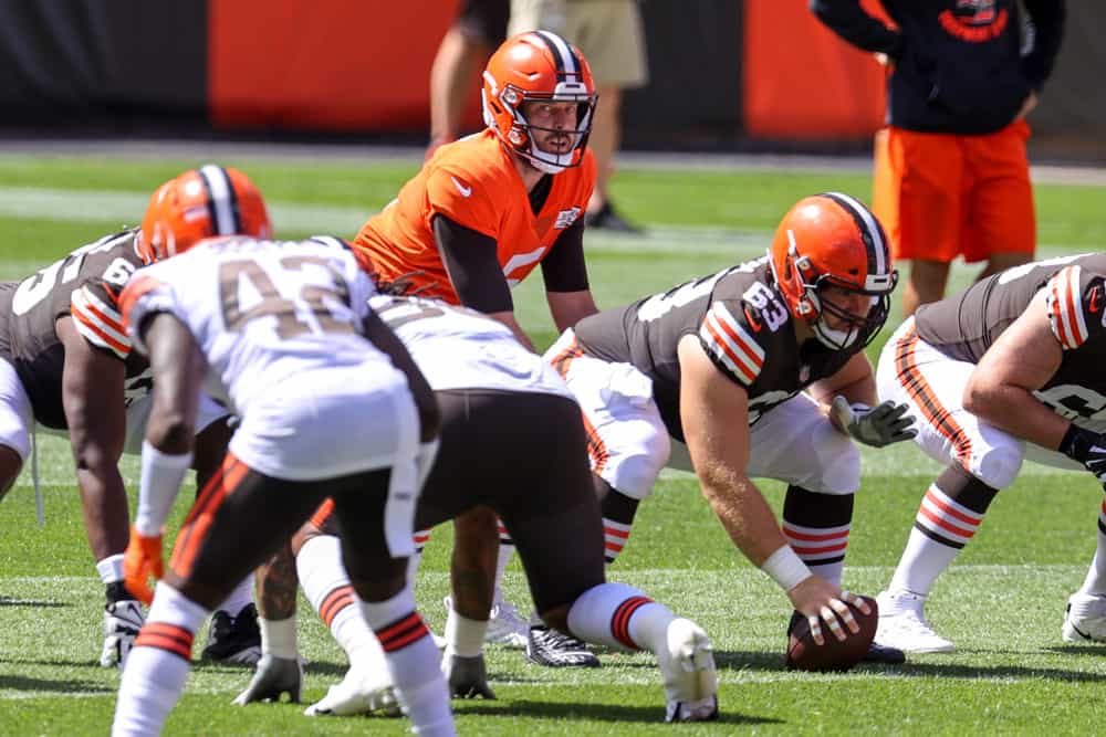 Cleveland Browns quarterback Case Keenum (5) looks over the defense during drills during the Cleveland Browns Training Camp on August 30, 2020, at FirstEnergy Stadium in Cleveland, OH. 