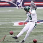 New York Jets place kicker Chase McLaughlin (3) warms up before a game between the New England Patriots and the New York Jets on January 3, 2021, at Gillette Stadium in Foxborough, Massachusetts.