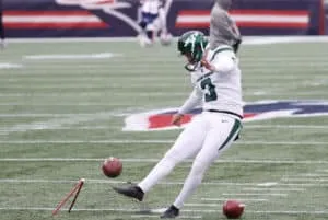 New York Jets place kicker Chase McLaughlin (3) warms up before a game between the New England Patriots and the New York Jets on January 3, 2021, at Gillette Stadium in Foxborough, Massachusetts.