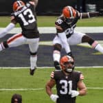 Cleveland Browns tight end David Njoku (85) leaps high in the air and celebrates wtih wide receiver Odell Beckham Jr. (13)after catching a touchdown pass against the Baltimore Ravens on September 13, 2020, at M&T Bank Stadium in Baltimore, MD.