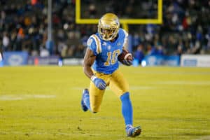 UCLA Bruins running back Demetric Felton (10) catches a pass for a gain during a college football game between the California Golden Bears and the UCLA Bruins on November 30, 2019, at the Rose Bowl in Pasadena, CA.