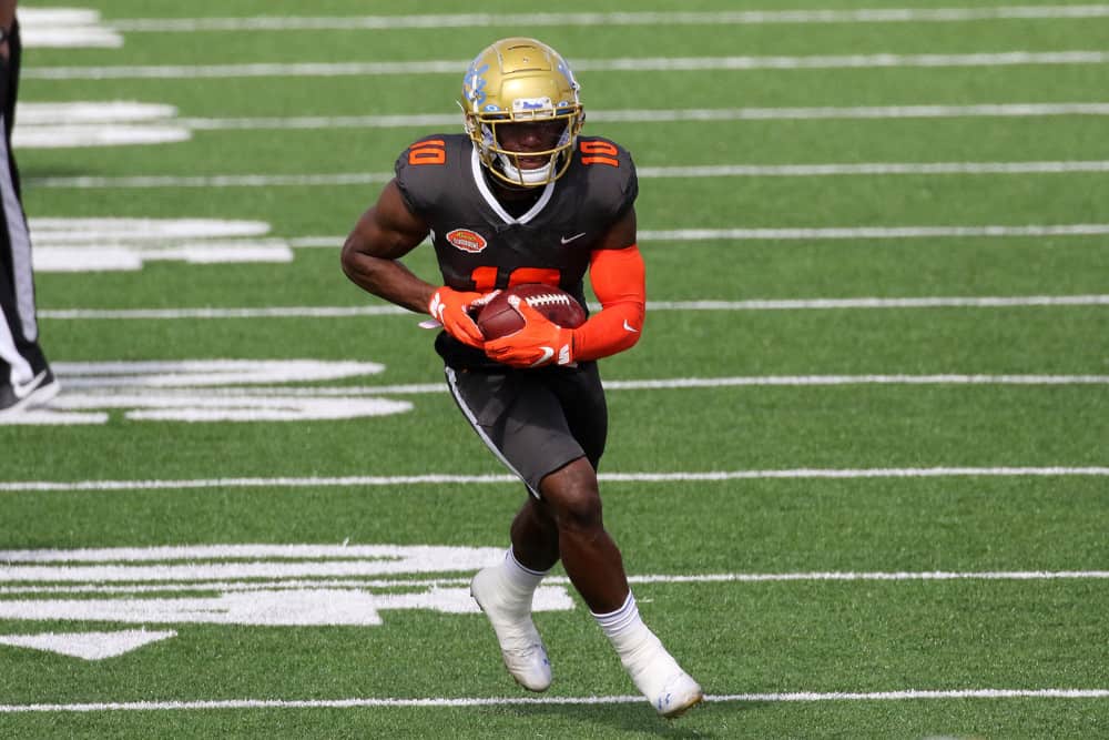 National wide receiver Demetric Felton of UCLA (10) warms up for the 2021 Reese's Senior Bowl on January 30, 2021 at Hancock Whitney Stadium in Mobile, Alabama.