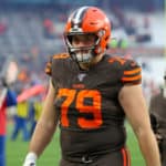 Cleveland Browns offensive guard Drew Forbes (79) leaves the field following the National Football League game between the Cincinnati Bengals and Cleveland Browns on December 8, 2019, at FirstEnergy Stadium in Cleveland, OH.