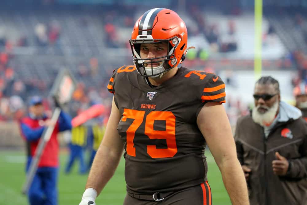 Cleveland Browns offensive guard Drew Forbes (79) leaves the field following the National Football League game between the Cincinnati Bengals and Cleveland Browns on December 8, 2019, at FirstEnergy Stadium in Cleveland, OH.