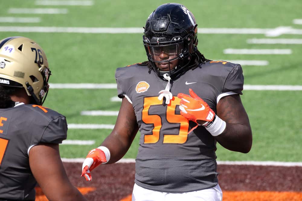 National offensive lineman James Hudson III of Cincinnati (55) during warmups for the 2021 Reese's Senior Bowl on January 30, 2021 at Hancock Whitney Stadium in Mobile, Alabama.