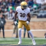 Notre Dame Fighting Irish linebacker Jeremiah Owusu-Koramoah (30) runs in action during the Notre Dame Football Blue and Gold Spring game on April 13, 2019 at Notre Dame Stadium in South Bend, IN.
