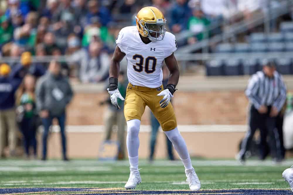 Notre Dame Fighting Irish linebacker Jeremiah Owusu-Koramoah (30) runs in action during the Notre Dame Football Blue and Gold Spring game on April 13, 2019 at Notre Dame Stadium in South Bend, IN. 