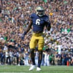 Notre Dame Fighting Irish linebacker Jeremiah Owusu-Koramoah (6) on the field during the first quarter of the college football game between the New Mexico Lobos and the Notre Dame Fighting Irish on September 14, 2019, at Notre Dame Stadium in South Bend, IN.