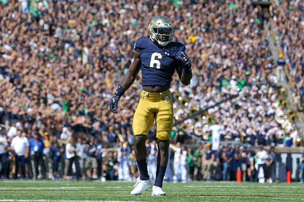 Notre Dame Fighting Irish linebacker Jeremiah Owusu-Koramoah (6) on the field during the first quarter of the college football game between the New Mexico Lobos and the Notre Dame Fighting Irish on September 14, 2019, at Notre Dame Stadium in South Bend, IN.