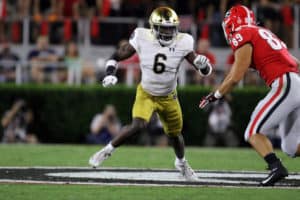 Notre Dame Fighting Irish linebacker Jeremiah Owusu-Koramoah (6) during the game between the Georgia Bulldogs and the Notre Dame Fighting Irish on September 21, 2019 at Sanford Stadium in Athens, Georgia.