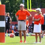 Cleveland Browns owners Jimmy and Dee Haslam watch drills during the Cleveland Browns Training Camp on July 25, 2019, at the at the Cleveland Browns Training Facility in Berea, Ohio.