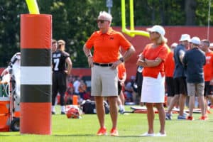 Cleveland Browns owners Jimmy and Dee Haslam watch drills during the Cleveland Browns Training Camp on July 25, 2019, at the at the Cleveland Browns Training Facility in Berea, Ohio.