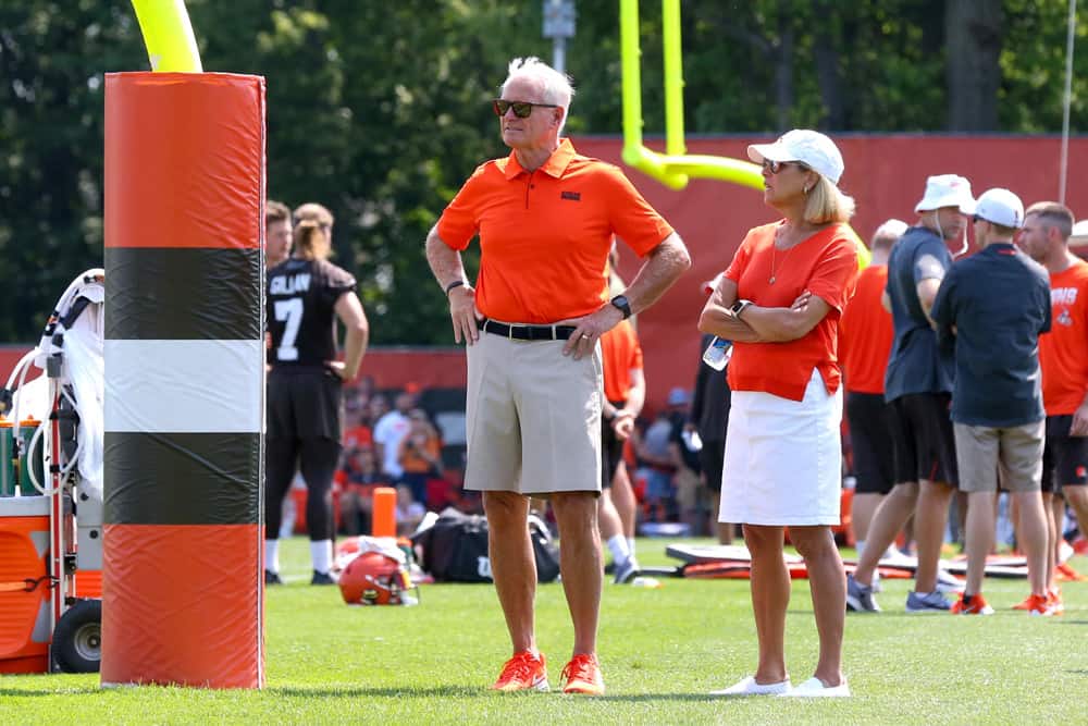 Cleveland Browns owners Jimmy and Dee Haslam watch drills during the Cleveland Browns Training Camp on July 25, 2019, at the at the Cleveland Browns Training Facility in Berea, Ohio. 