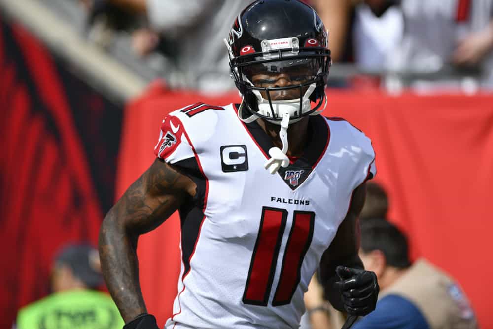 Atlanta Falcons Wide Receiver Julio Jones (11) enters the field prior to the first half of an NFL game between the Atlanta Falcons and the Tampa Bay Bucs on December 29, 2019, at Raymond James Stadium in Tampa, FL.