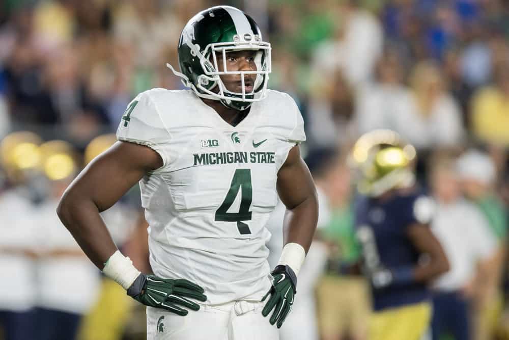 Michigan State Spartans defensive lineman Malik McDowell (4) during the NCAA football game between the Notre Dame Fighting Irish and Michigan State Spartans at Notre Dame Stadium in South Bend, IN.  