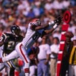 Wide receiver Michael Jackson #81 of the Cleveland Browns drops after getting past defensive back Terrance Shaw of the San Diego Chargers during the Browns 31-13 loss to the Chargers at Jack Murphy Stadium in San Diego, California. Mandatory