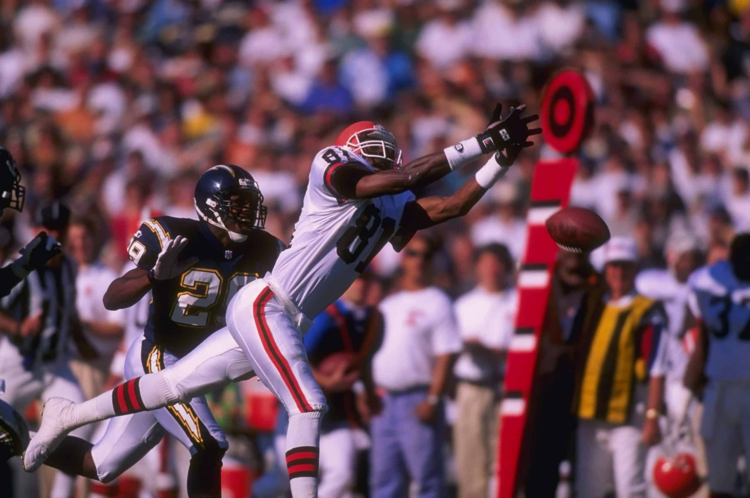 Wide receiver Michael Jackson #81 of the Cleveland Browns  drops after getting past defensive back Terrance Shaw of the San Diego Chargers during the Browns 31-13 loss to the Chargers at Jack Murphy Stadium in San Diego, California. Mandatory