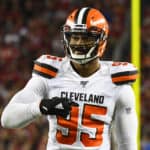 Cleveland Browns Defensive End Myles Garrett (95) looks on during the National Football League game between the Cleveland Browns and the San Francisco 49ers on October 7, 2019, at Levi's Stadium in Santa Clara, CA.