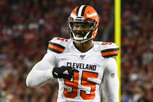 Cleveland Browns Defensive End Myles Garrett (95) looks on during the National Football League game between the Cleveland Browns and the San Francisco 49ers on October 7, 2019, at Levi's Stadium in Santa Clara, CA.