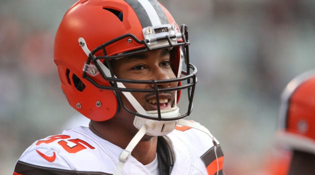 Cleveland Browns defensive end Myles Garrett (95) warms up before the game against the Cleveland Browns and the Cincinnati Bengals on November 25th 2018, at Paul Brown Stadium in Cincinnati, OH.
