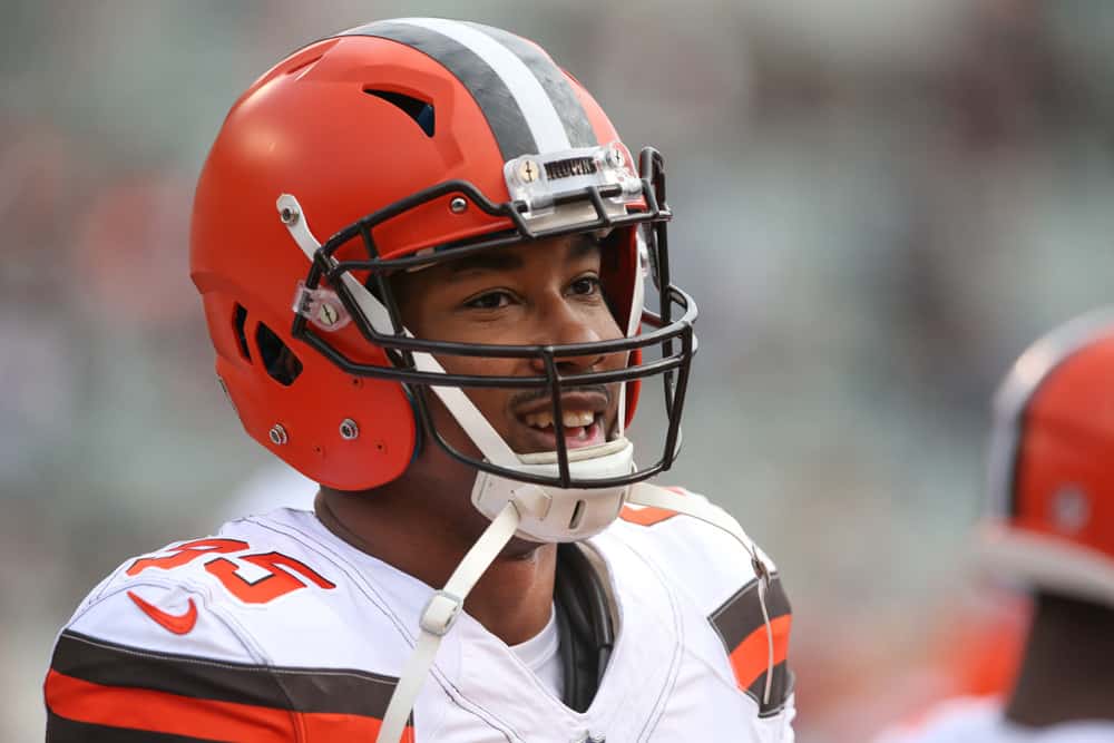 Cleveland Browns defensive end Myles Garrett (95) warms up before the game against the Cleveland Browns and the Cincinnati Bengals on November 25th 2018, at Paul Brown Stadium in Cincinnati, OH.