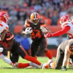 Cleveland Browns running back Nick Chubb (24) carries the football during the first quarter of the National Football League game between the Kansas City Chiefs and Cleveland Browns on November 4, 2018, at FirstEnergy Stadium in Cleveland, OH.