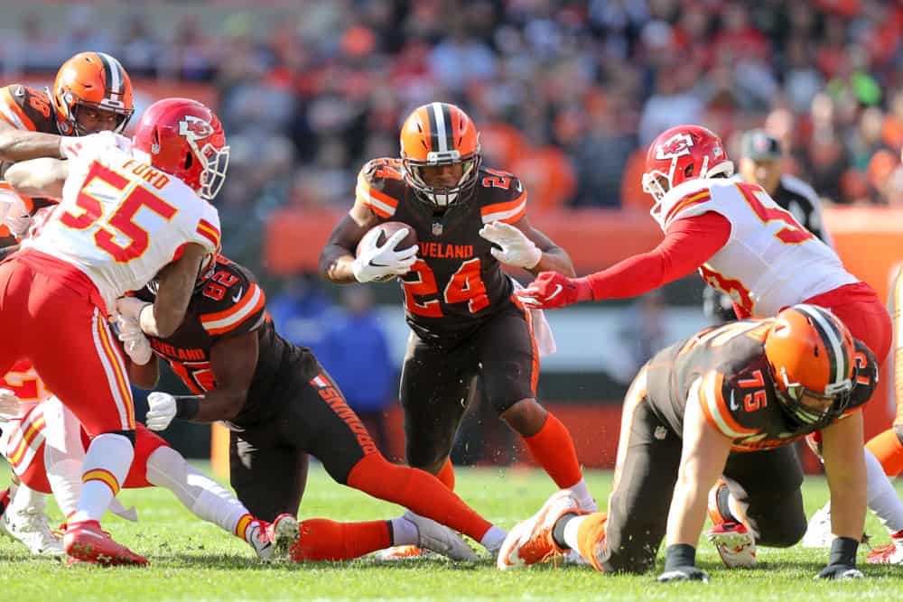 Cleveland Browns running back Nick Chubb (24) carries the football during the first quarter of the National Football League game between the Kansas City Chiefs and Cleveland Browns on November 4, 2018, at FirstEnergy Stadium in Cleveland, OH.