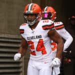Cleveland Browns running back Nick Chubb (24) runs onto the field before the game against the Cleveland Browns and the Cincinnati Bengals on December 29th 2019, at Paul Brown Stadium in Cincinnati, OH.