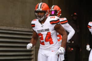 Cleveland Browns running back Nick Chubb (24) runs onto the field before the game against the Cleveland Browns and the Cincinnati Bengals on December 29th 2019, at Paul Brown Stadium in Cincinnati, OH.