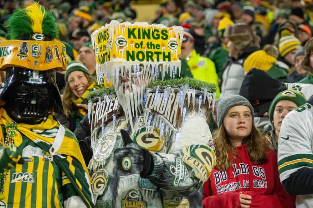 Green Bay Packer fans enjoy the action during the NFC Divisional Playoff game between the Green Bay Packers and the Seattle Seahawks on January 12, 2020, at Lambeau Field in Green Bay WI. 