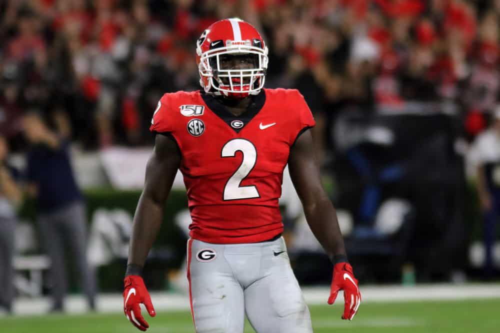 Georgia Bulldogs defensive back Richard LeCounte (2) during the game between the Georgia Bulldogs and the Notre Dame Fighting Irish on September 21, 2019 at Sanford Stadium in Athens, Georgia.