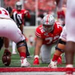 Tommy Togiai #72 of the Ohio State Buckeyes during game action between the Ohio State Buckeyes and the Florida Atlantic Owls on August 31, 2019, at Ohio Stadium in Columbus, OH.