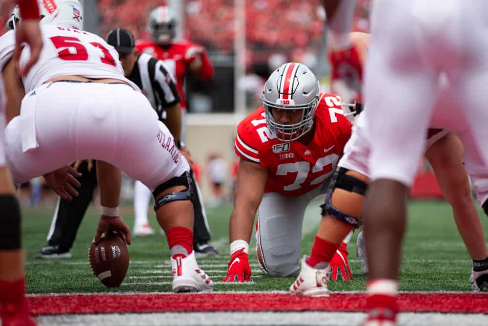 Tommy Togiai #72 of the Ohio State Buckeyes during game action between the Ohio State Buckeyes and the Florida Atlantic Owls on August 31, 2019, at Ohio Stadium in Columbus, OH. 